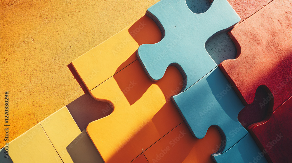 Poster interconnected puzzle pieces: a close-up of colorful puzzle pieces interlocking, symbolizing connect
