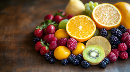 Fresh and Colorful Assortment of Fruits on Wooden Table Surface
