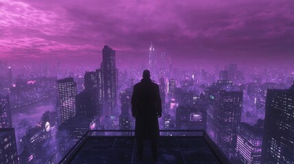 Tall Figure Dressed Sharply Against City Skyline at Dawn