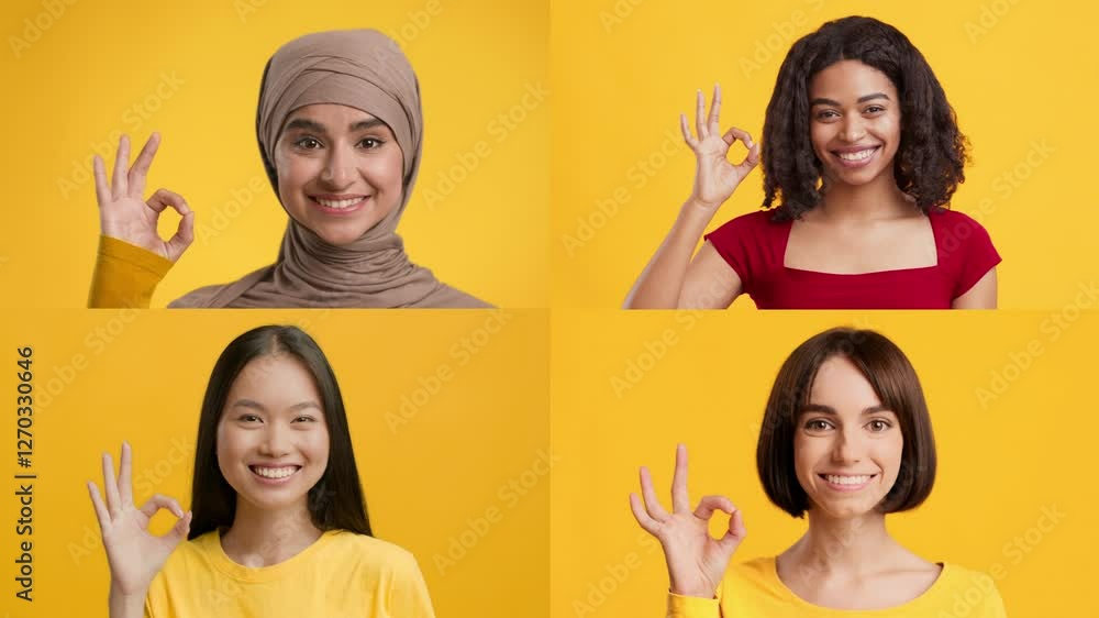 Poster four women of diverse backgrounds showcase positivity with the okay gesture against a bright yellow 