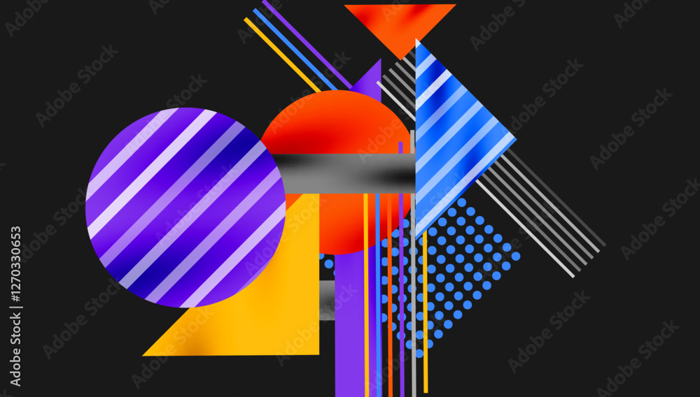 Poster Geometric Abstract Background with Bold Shapes and Contrasting Colors. Circles, triangles, squares and lines with shadow effect