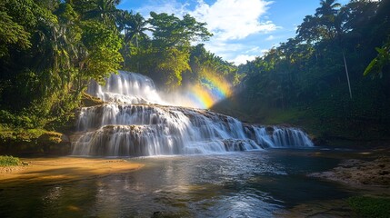Fototapeta premium Serene Waterfall Rainbow Landscape
