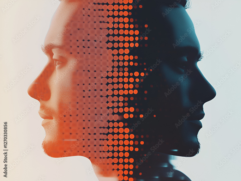 Poster dualistic mind: an artistic double exposure portrait of a man, one side of his face illuminated with
