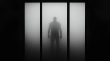 Mysterious Presence Behind Frosted Glass Panels in Dim Light