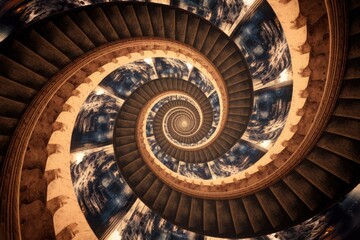 Dramatic spiral staircase with stone and gold accents, leading to infinity, high-contrast, detailed architecture, symmetrical composition
