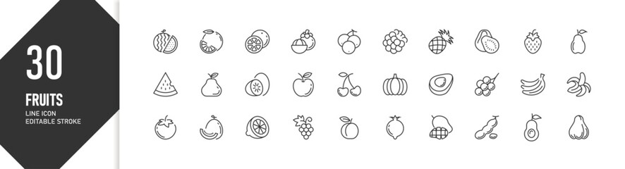 30 fruit line icons with editable stroke for design projects, digital graphics, and UI applications