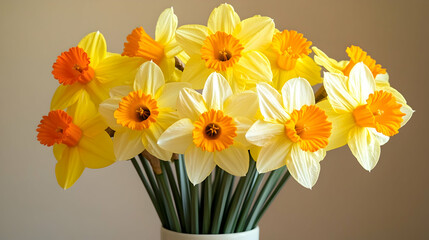 Vibrant Yellow and Orange Daffodils in a Simple White Vase