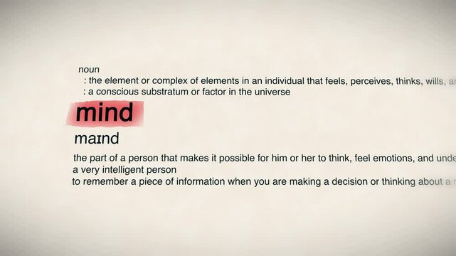 "Mind" in a dictionary animation, representing thought, consciousness, and intellect in a dynamic visual format