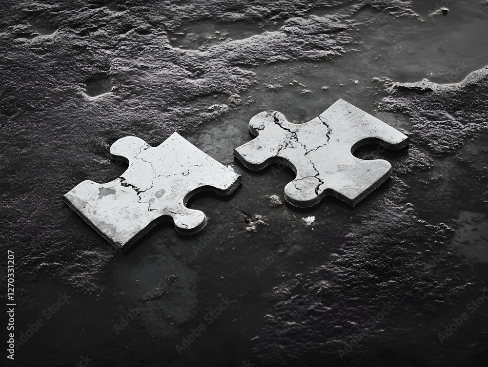 Poster puzzle of connection: two interlocking puzzle pieces, weathered by time and circumstance, lay side-b