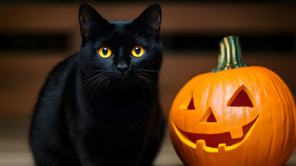 Fototapeta premium Black Cat with Bright Eyes Beside Carved Pumpkin for Halloween