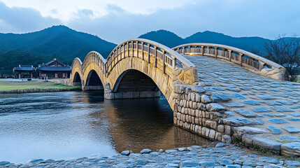 Serene Stone Bridge Over Calm Water Surrounded by Mountains