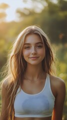 Naklejka premium Young Woman in Sporty Clothes Smiling Outdoors at Golden Hour