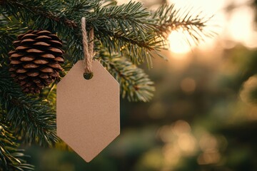 Blank tag hangs on pine branch with pine cone. Perfect for Christmas, holiday, or nature themes, ideal for adding your own text or design.