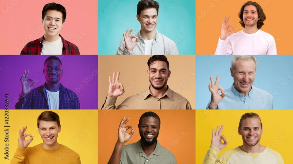 Poster a vibrant collage featuring diverse men showcasing the okay gesture. each individual displays joy an