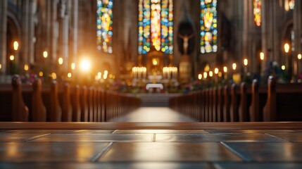 Obraz premium Traditional Easter Church Service with Beautifully Decorated Altar in a Stunning Stained Glass Cathedral Setting