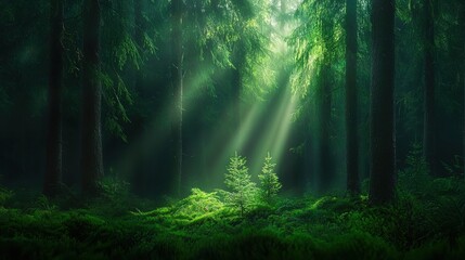 Obraz premium Serene forest with sunlight filtering through trees