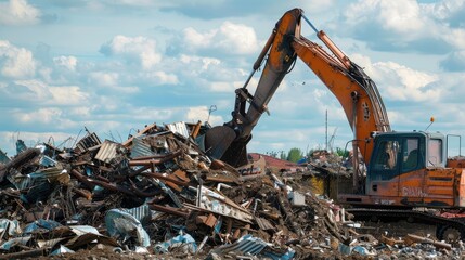 Fototapeta premium Excavator Clearing Scrap Metal Pile on a Construction Site