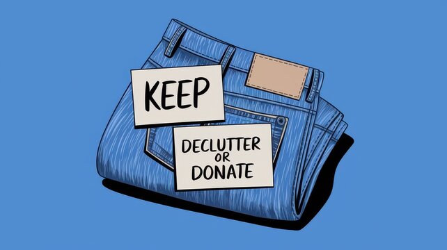 Folded denim jeans with decluttering options shown on notes