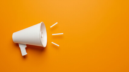 Invite a Friend. The image portrays a business concept with a paper cup megaphone on a bright orange background, offering generous space for text. This minimal flat lay design effectively highlights