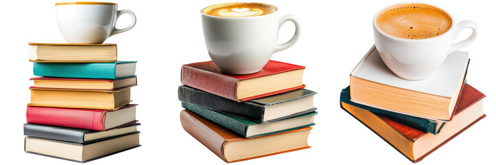 Naklejka premium Coffee Cups on Colorful Stacked Books with Warm Tones