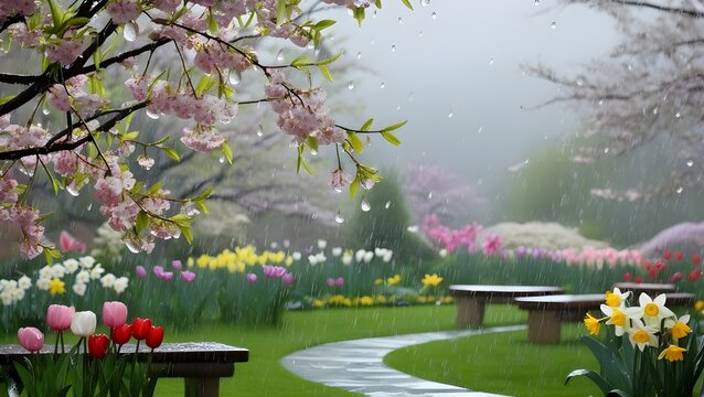 A serene spring rain shower falls gently upon a lush and vibrant garden, where an array of colorful flowers are in full bloom, their delicate petals swaying softly in the breeze, including vibrant tul