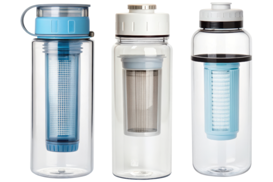 Three water bottles with filters isolated with transparent background