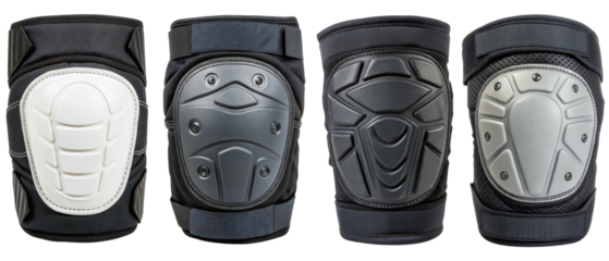 Four pairs of protective knee pads isolated with transparent background