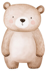 Fototapeta premium Watercolor illustration of a cute cartoon bear featuring soft colors and a friendly expression isolated on transparent background.