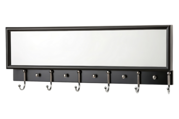 Wall-mounted mirror with key hooks below isolated with transparent background