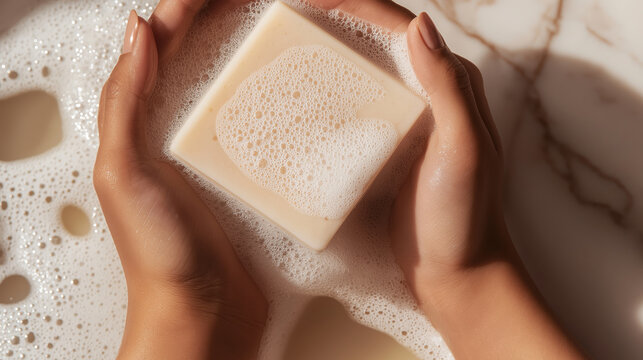 Woman holding a bar of soap covered in foam in her hands