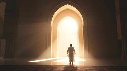 Man Walking Toward Bright Light in Architectural Interior Setting