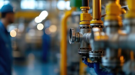 Fototapeta premium Industrial machinery in a factory setting, showcasing pipes and valves with blurred worker in the background highlighting operational efficiency