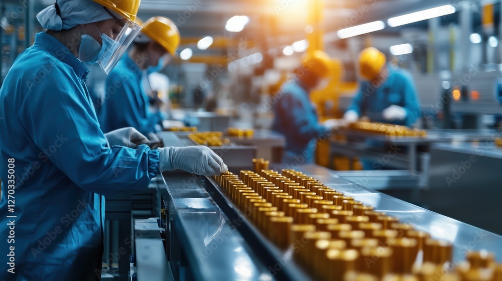 Poster skilled workers engaged in product assembly line in modern factory environment with bright lighting 