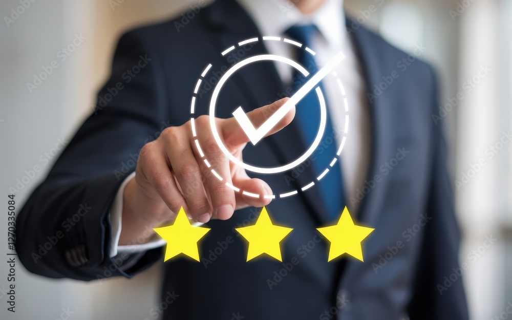 Poster man pointing at a digital checkmark with three yellow stars