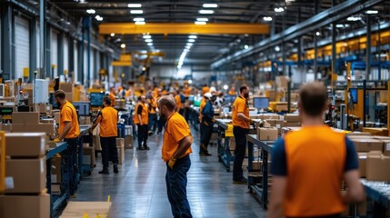 Skilled Workers in Factory Environment: Busy Assembly Line with Bright Lighting and Orange Safety Gear, Showcasing Teamwork and Productivity