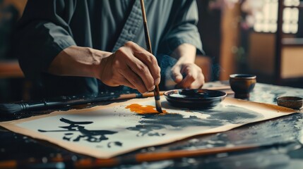 Traditional Japanese Calligraphy Artist at Work