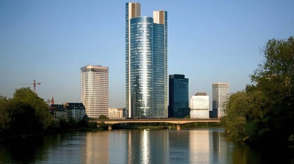 Modern skyscrapers reflecting in a serene river, showcasing urban architecture and nature