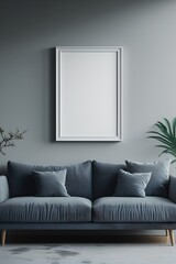 Modern Wall Art Mockup featuring a blank white poster frame hanging above a sleek sofa in a contemporary living room. Perfect for artwork display, with soft studio lighting and a clean, minimalist 