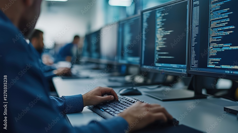 Poster engineers analyzing industrial machinery innovations with advanced coding, software development, and