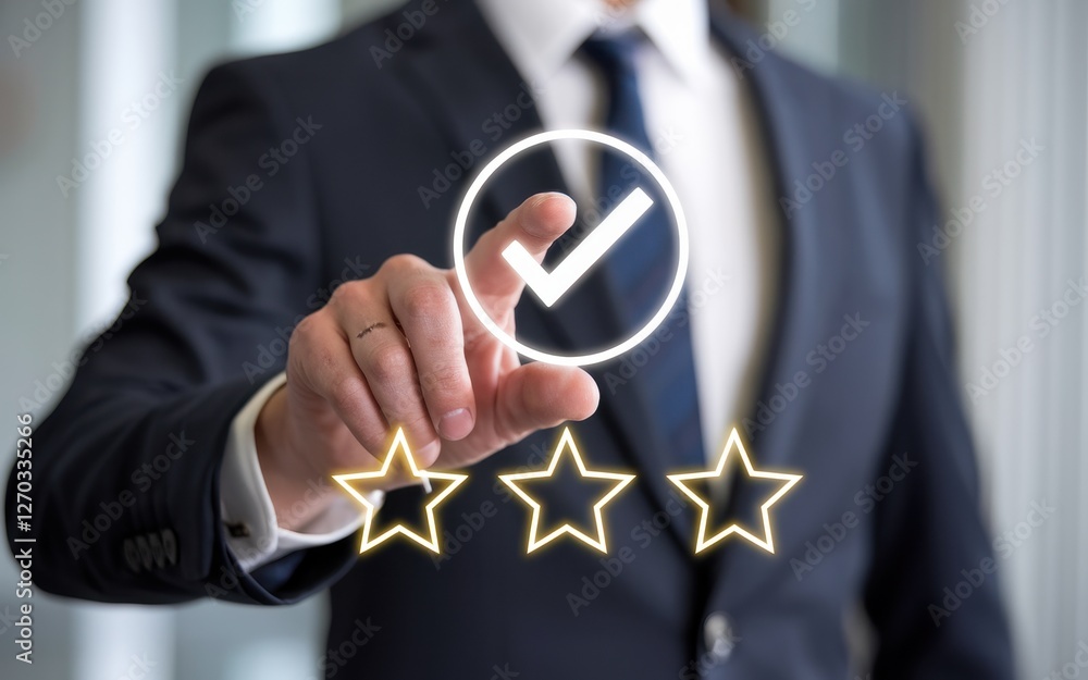 Poster man selecting positive review with three star rating on screen