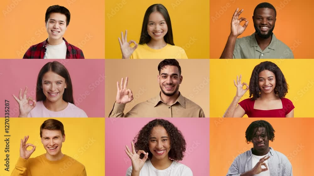 Poster a collection of nine individuals from various backgrounds smiling and making an okay gesture. the vi