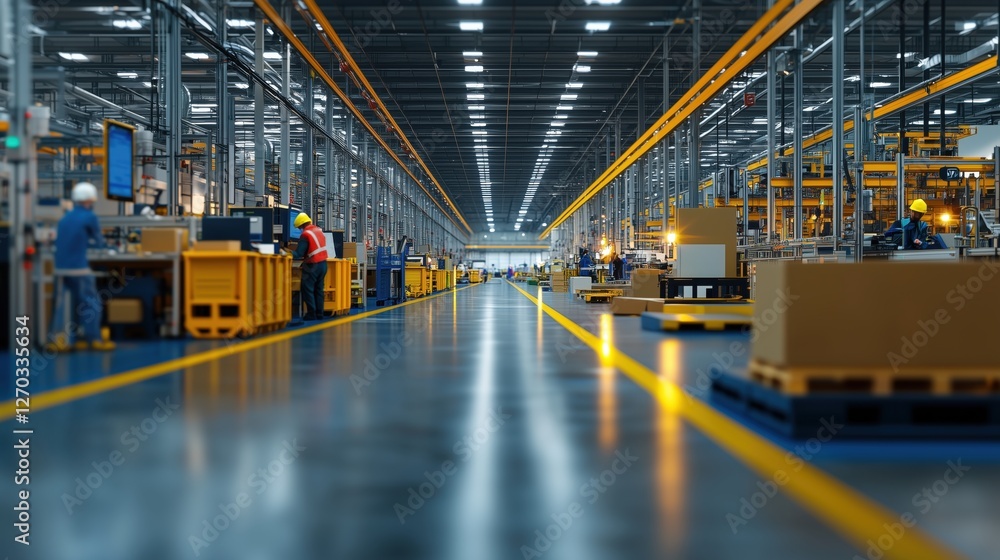 Poster inside a large modern factory with busy workers and efficient production lines in an industrial sett