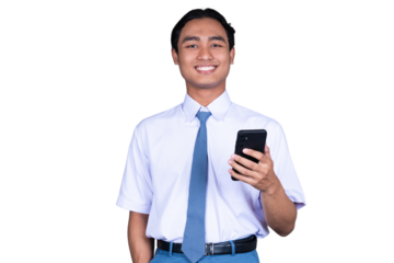 Indonesian Male High School Student in Uniform Smiling While Holding Phone Isolated Transparent
