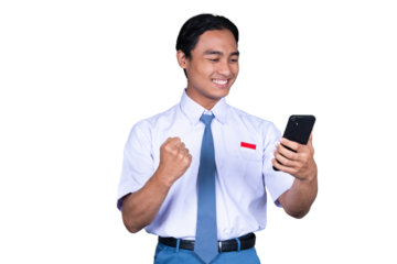 Indonesian Male High School Student in Uniform Smiling While Holding Phone Isolated Transparent