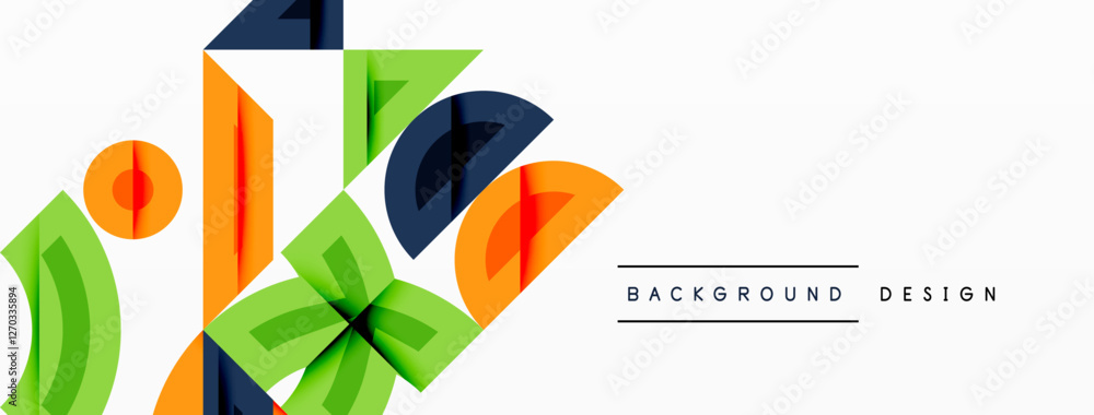Poster Abstract geometric background with shapes, featuring circular and rounded elements. Bold contrast, smooth gradients, dynamic composition, futuristic style