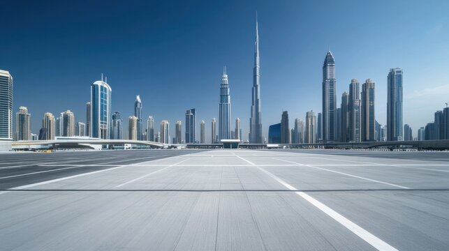 A vast car plaza with futuristic skyscrapers under a deep blue sky. Featuring clarity and elegance