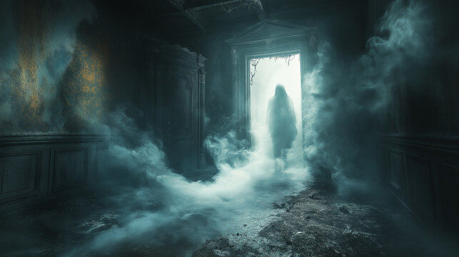 Whispers from the Shadows: An eerie scene of a ghostly figure materializing in a dilapidated room filled with fog, exuding a chilling atmosphere of mystery and the supernatural.