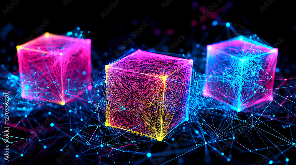 Poster dynamic digital cubes in a futuristic network virtual environment 3d visualization tech concept