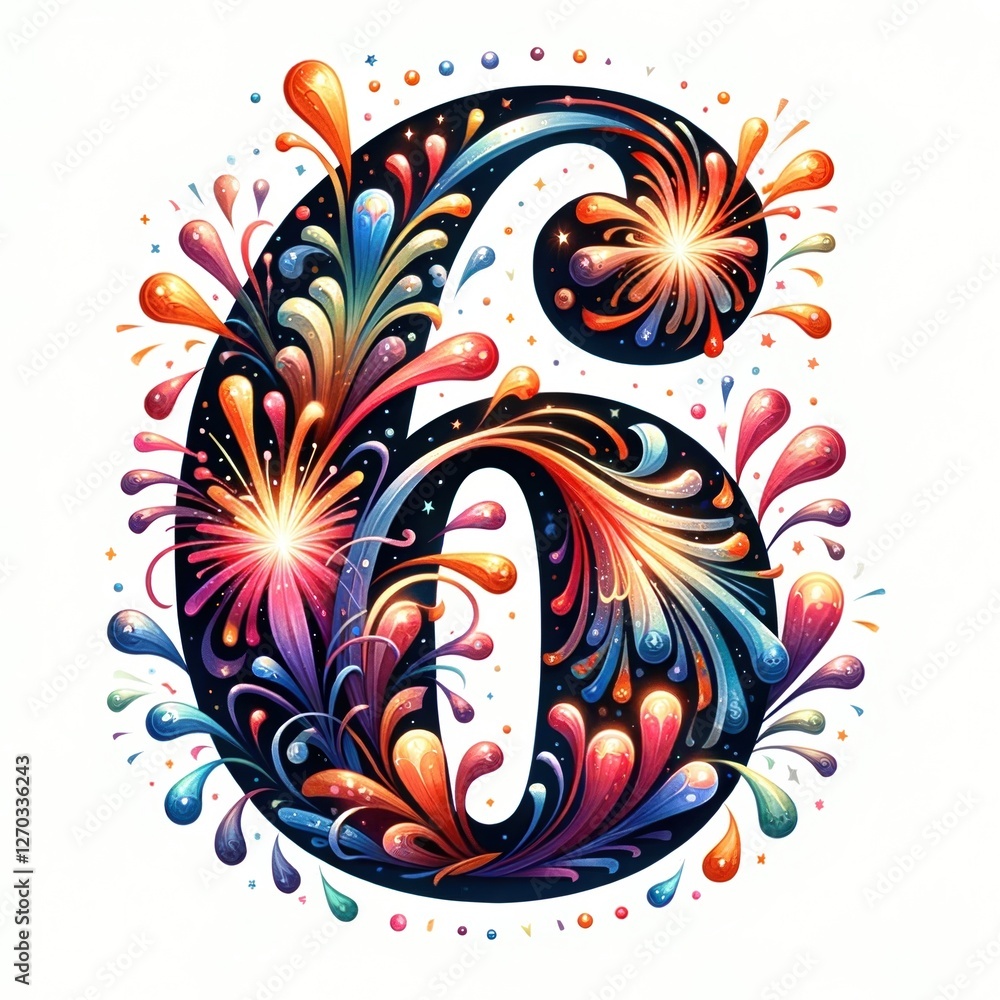 Poster firework number six: a vibrant, stylized number six explodes with colorful fireworks, creating a fes