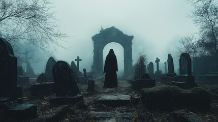 A Grim Specter in the Graveyard: In a hauntingly atmospheric graveyard, a spectral figure shrouded in darkness stands ominously before an ancient archway, surrounded by weathered tombstones.
